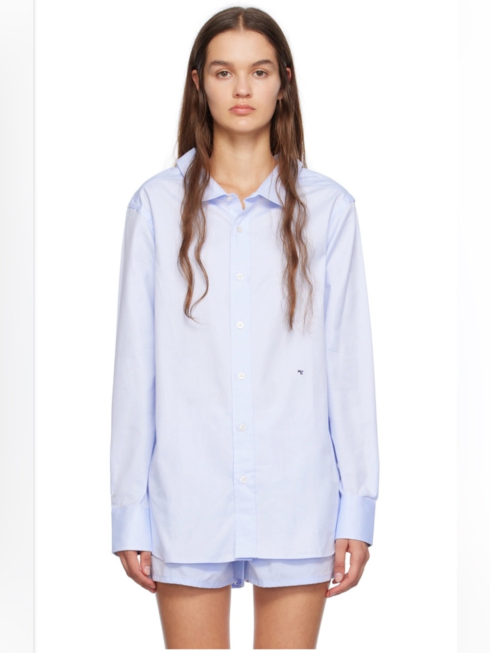 HOMMEGIRLS Chambray Blue Classic Shirt- front back embroidered logo Size M. New